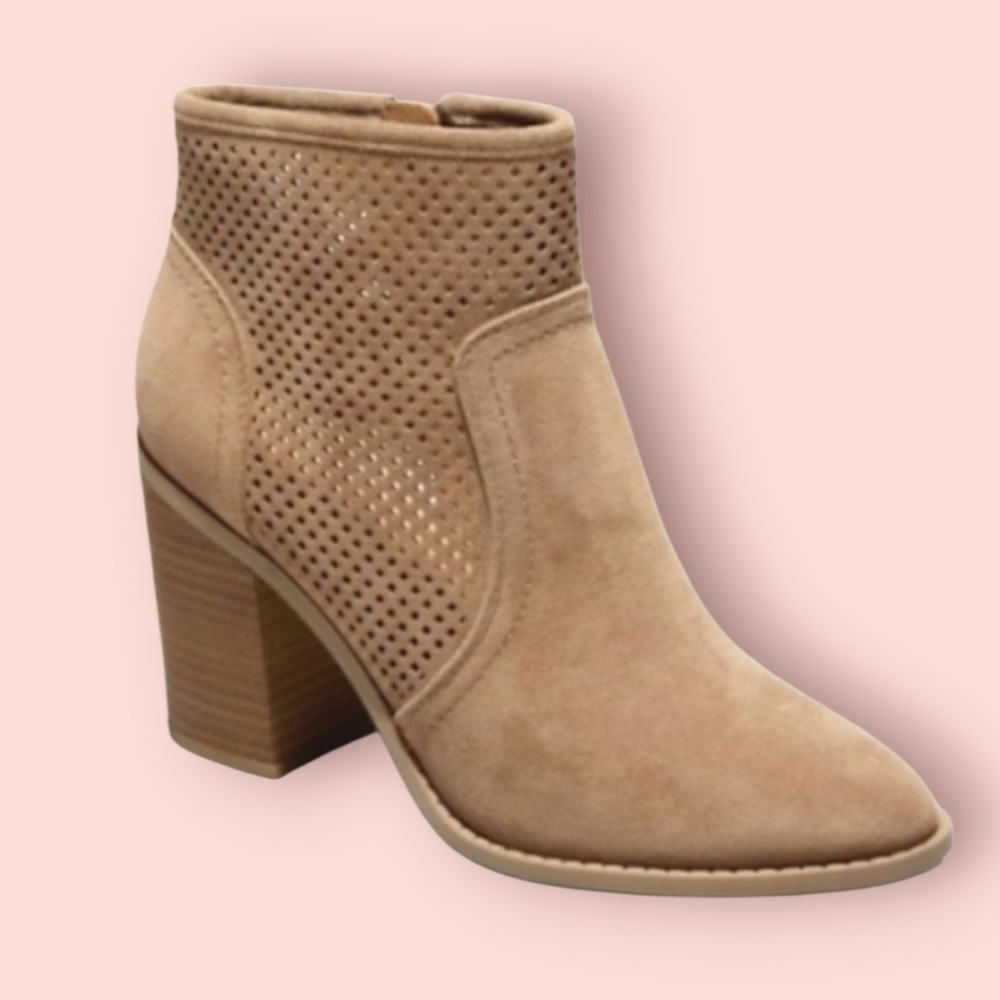 Women's Taupe Suede Perforated Block Heel Ankle Boot New Size 11